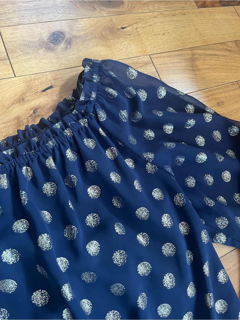 Joseph Ribkoff Navy and Gold Polka Dot Off-Shoulder Pillow Sleeve Ruffle Blouse - Picture 8 of 12